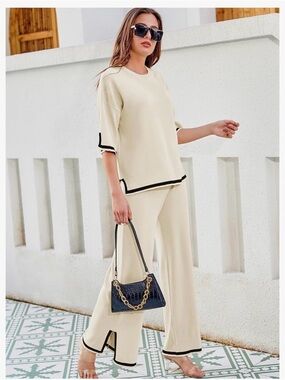 Cream Wide-Leg Two-Piece Set with Black Trim